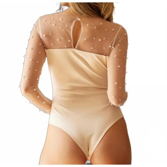 NEW ENDLESS BLU. embellished mesh pearl long sleeve bodysuit in ivory - Picture 2 of 3